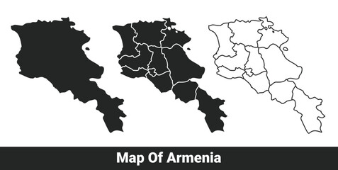 Obraz premium Black map of Armenia flat and outline style vector illustration set