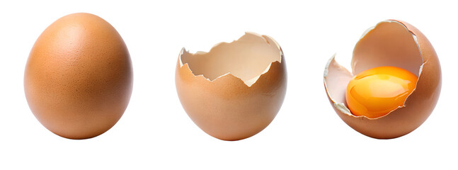 Full, cracked open egg with yolk, egg shell. Cut out isolated PNG
