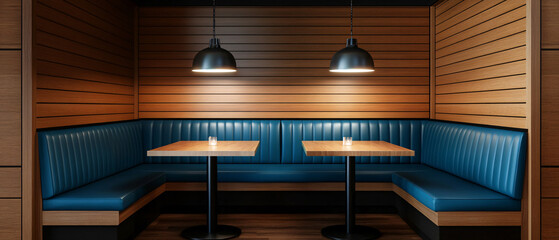 Obraz premium Cozy restaurant booth with blue seating, wooden walls, and warm lighting creating a welcoming dining atmosphere.
