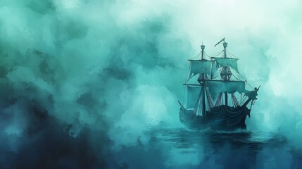Obraz premium Cursed pirate ship, sailing through an eerie sea of mist, ghostly glow, Watercolor style