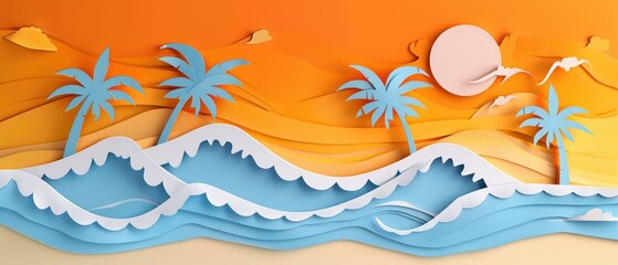 A vibrant paper art scene depicting a sunny beach with palm trees and waves, perfect for summer and tropical themes.