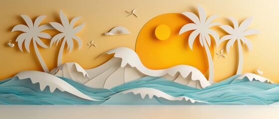 A vibrant paper cutout scene of a sunset over waves and palm trees, showcasing creativity in tropical landscape design.