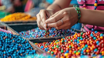 Handcrafting Colorful Beaded Jewelry - Artisan Hands Stringing Beads for Fashion Accessories. Generative ai
