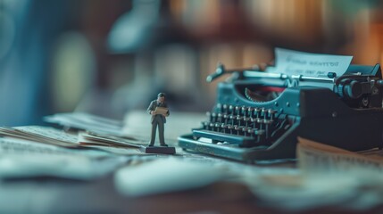 A vintage typewriter with a miniature figure reading a newspaper, capturing the essence of classic journalism and storytelling.