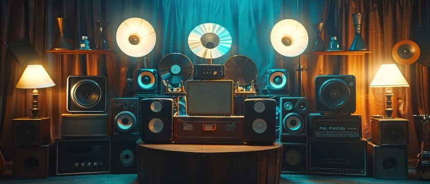 A vintage music setup featuring classic speakers, turntables, and ambient lighting, perfect for music enthusiasts and retro themes.