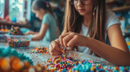 Fototapeta premium Two Girls Creating Colorful Bead Jewelry in a Craft Room - DIY Art, Creative Workshop, Arts and Crafts. Generative ai