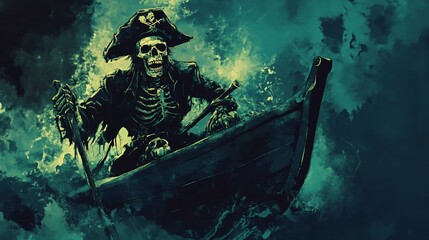 Obraz premium Skeleton pirate captain, steering through cursed waters, eerie glow, Watercolor style