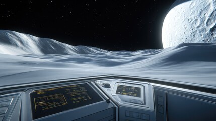 Exploring the moon: A futuristic spaceship control room with advanced displays and intricate technology