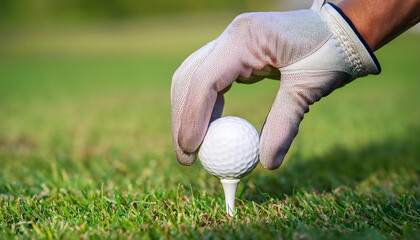 A person wearing a glove is putting a golf ball on a tee