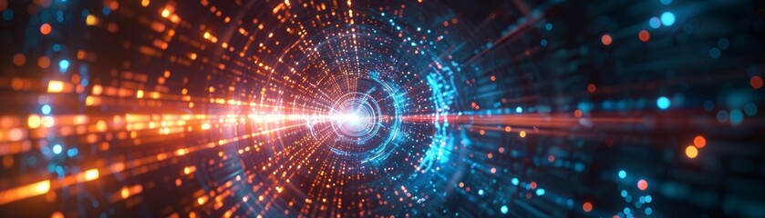 Fototapeta premium Dynamic abstract background depicting vibrant light beams and particles in a futuristic digital space