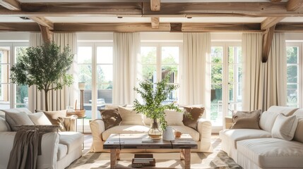 Fototapeta premium Bright and airy living room with wooden beams, soft furnishings, and natural light creating a cozy and inviting atmosphere.