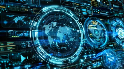 Futuristic digital interface displaying world map, data analytics, and technology elements in vibrant blue hues