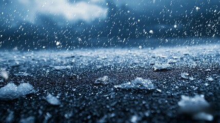 Hailstorm with ice pellets hitting the ground, severe weather, frozen precipitation