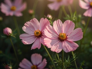 Obraz premium Delicate Pink Cosmos Flowers Blooming Gracefully in a Sunlit Garden