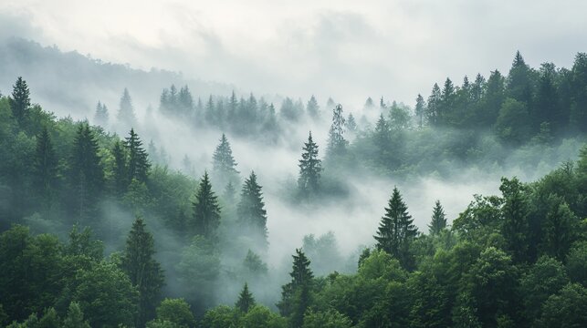 Morning mist rolling through a dense forest, foggy weather, mysterious ambiance