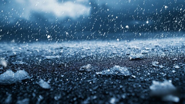 Hailstorm with ice pellets hitting the ground, severe weather, frozen precipitation