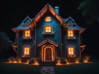haunted-looking house with dark exterior and glowing windows, evoking a sense of mystery and gothic architectural design