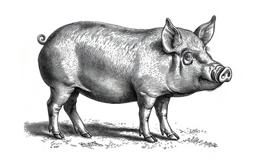 Pig, hog, boar. Vintage retro print, black white pig sketch ink pencil style drawing, linear drawing, engrave old school. Sketch artwork silhouette pig, hog, boar. Side view profile. Illustration