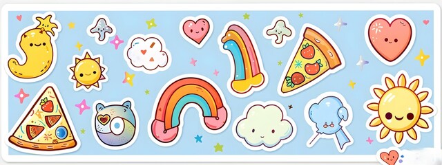 sticker sheet with cute food, colorful illustrations of rollerblades, food vector illustration