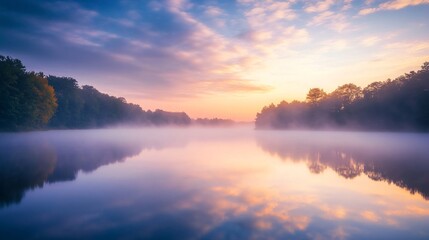 Naklejka premium Drifting fog over a still lake at dawn, foggy weather, calm and ethereal