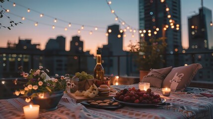 Urban rooftop picnic, city skyline, modern decor, string lights
