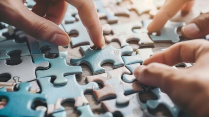 Hands assembling a puzzle, symbolizing teamwork, problem-solving, and cognitive engagement
