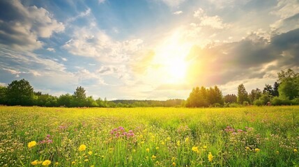 Obraz premium Sunshine breaking through the clouds over a blooming meadow, mixed weather, renewal