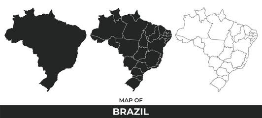 Fototapeta premium Black map of Brazil flat and outline style vector illustration set