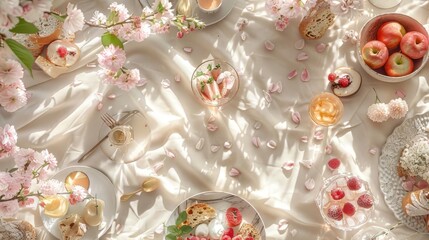 Spring picnic among cherry blossoms, pink petals falling