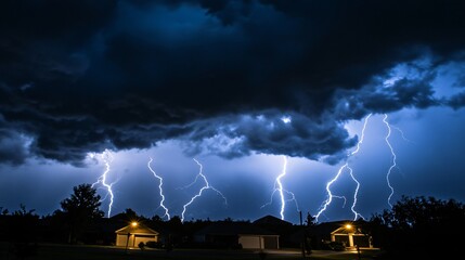 Lightning bolts illuminating a dark sky during a heavy storm, extreme weather, intense energy