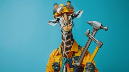A construction giraffe worker equipped with various tools