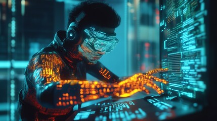 Dynamic game hero concept engaged in a futuristic environment immersed in high tech programming at night