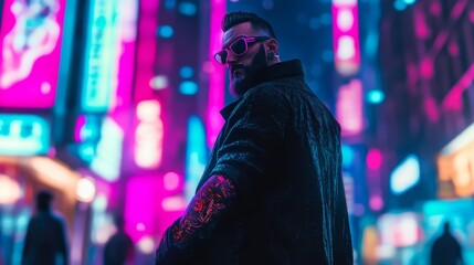 Stylish game hero character standing in a vibrant neon city at night with colorful lights illuminating the urban landscape