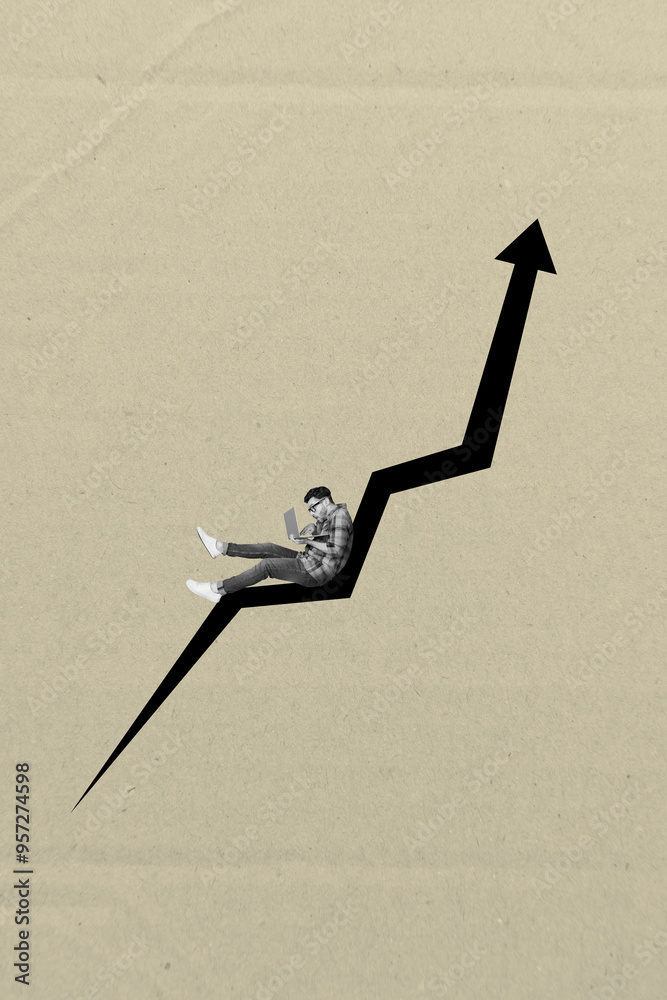 Poster vertical composite collage image picture of mini guy use laptop big arrow upwards isolated on creati