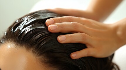 Naklejka premium Relaxing scalp massage with nourishing oil treatment at a spa, focusing on relaxation and rejuvenation