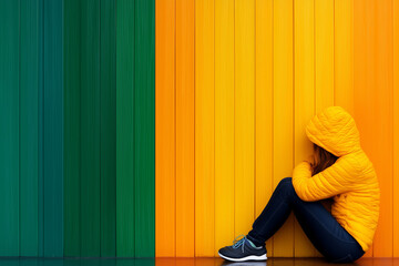 A girl in a yellow jacket is sitting on the ground in front of a yellow wall. The wall has a green stripe and the girl is looking down