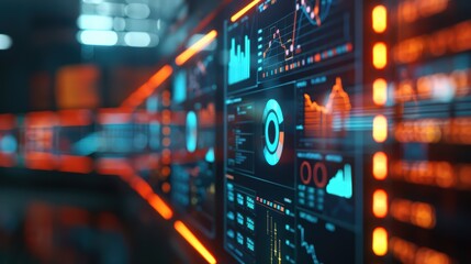 Fototapeta premium Futuristic data visualization display with vibrant graphs and metrics, ideal for technology and business themes.