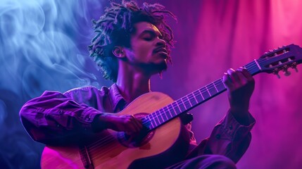 An Afro man playing an acoustic guitar