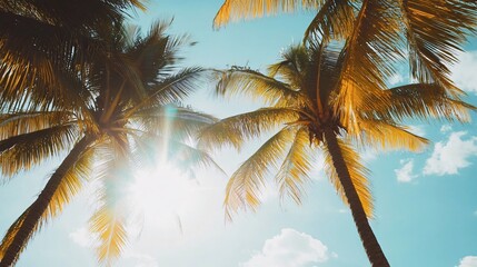 Tropical sun shining brightly over a palm-lined beach, warm weather, summer vibes