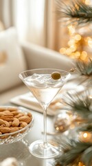 A refreshing martini cocktail garnished with an olive, surrounded by festive decor and snacks, perfect for holiday celebrations.