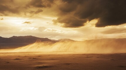 Fototapeta premium Windstorm blowing sand across a desert landscape, harsh weather, intense wind