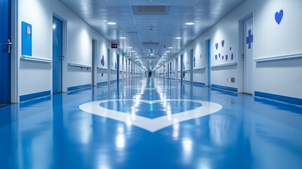 Fototapeta premium Brightly colored hospital corridor with heart patterns on the floor in a healthcare facility during daytime