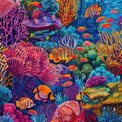 Vibrant Coral Reef with Colorful Fish and Sea Life
