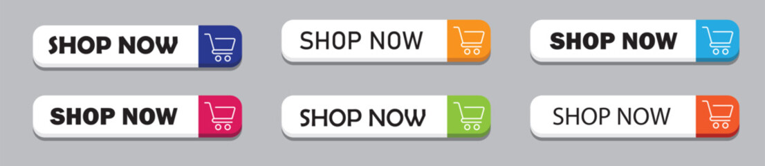 Shop now buttons set. Collection of shop now button with cart icon. Modern colorful buy now button for online shop. Vector illustration.
