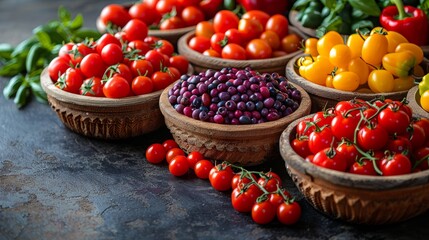 Freshly harvested tomatoes and vibrant peppers arranged in rustic bowls on a dark wooden surface in a well-lit kitchen