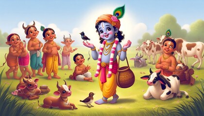 Lord Krishna with playing with little cows