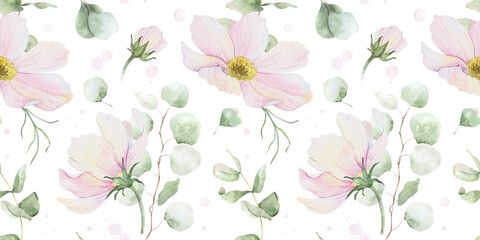 Cosmea flowers, eucalyptus leaves and splashes. Hand drawn seamless pattern of watercolor Mexican aster. Summer floral background for wedding design, textiles, wrapping paper, scrapbooking