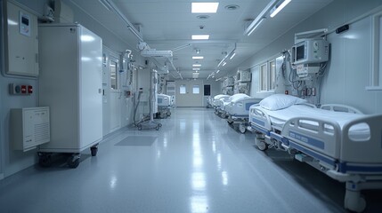Fototapeta premium Empty hospital ward with multiple beds and medical equipment during the early morning hours