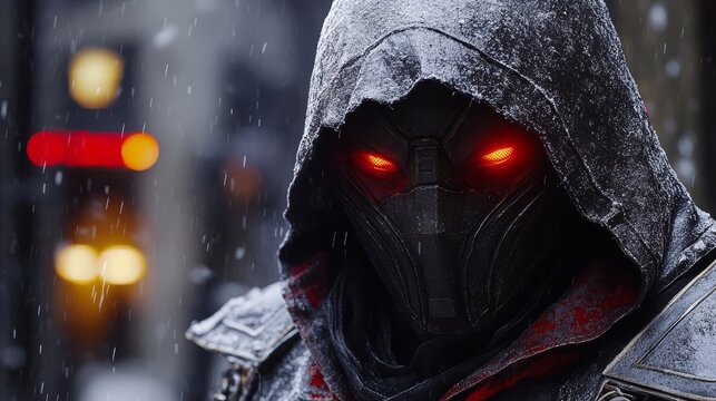A mysterious game hero stands in a snow covered urban landscape with glowing eyes at dusk perfect for mobile or desktop wallpaper