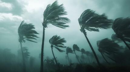 Gale-force winds bending palm trees during a tropical storm, extreme weather, powerful wind